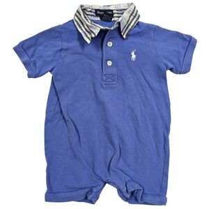 Ralph Lauren Baby Boy Blue Polo Romper Plaid Collar Pony Logo 3-6 Months Cotton